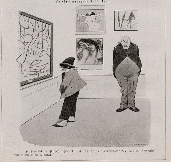Illustration for: Eugen Kirchner, In einer modernen Ausstellung, Karikatur (caricature), 1915, erschienen in (published in): Fliegende Blätter, München 1915, S. 270.